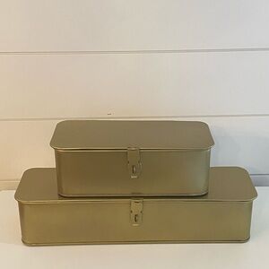 Hollywood Regency Set Of 2 Gold Metallic Tin Storage Box Containers With Latches